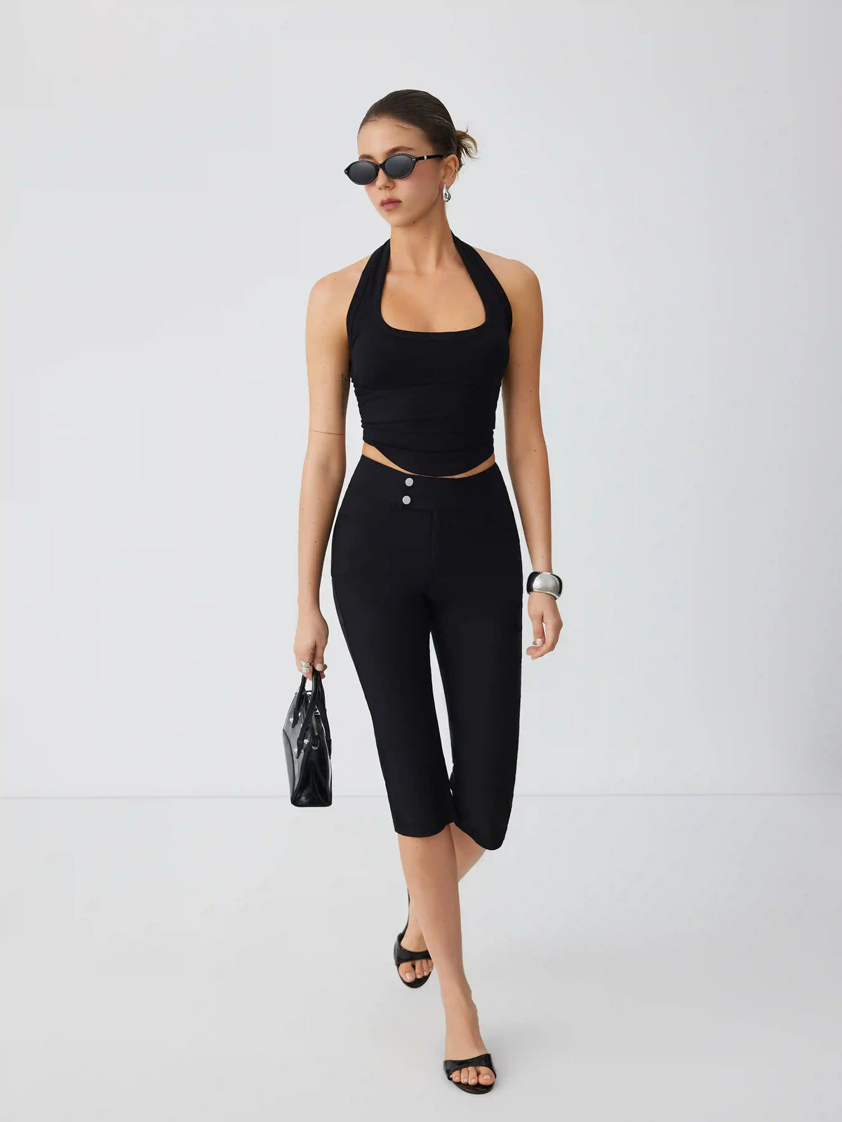Low Rise Metal Button Straight Leg Capris