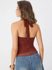 Floral Jacquard Lace Halter Neckline Ring Detail Tank Top