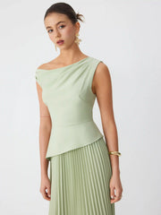 Asymmetrical Neck Pleated Flared Maxi Dress