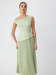 Asymmetrical Neck Pleated Flared Maxi Dress