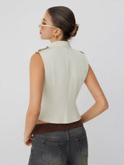 Cotton-blend Asymmetrical Metal Detail Stand Collar Jacket Vest