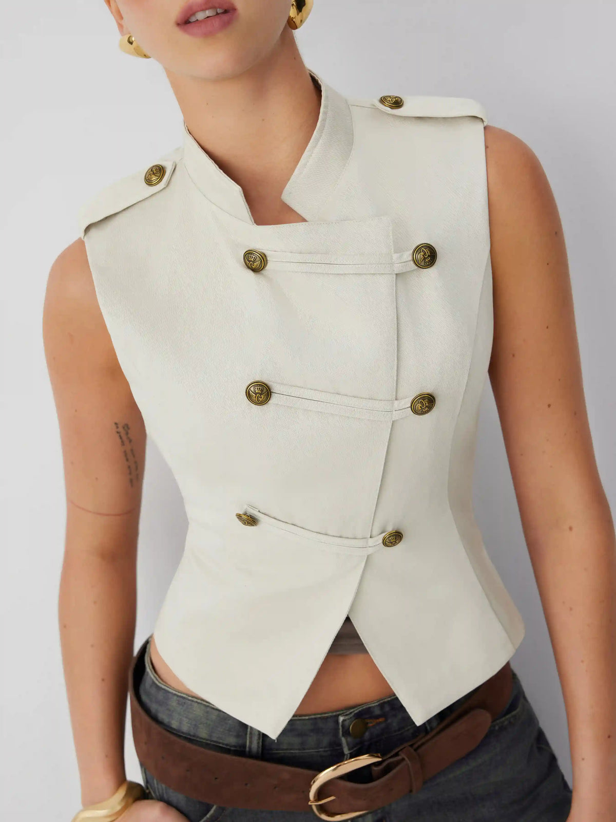 Cotton-blend Asymmetrical Metal Detail Stand Collar Jacket Vest