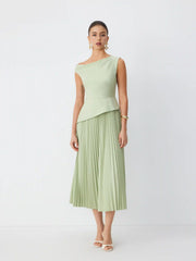 Asymmetrical Neck Pleated Flared Maxi Dress