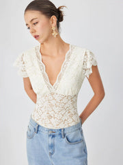 Lace Floral V-neck Ruffle Sleeve Lace Panel Shirt Bodysuit