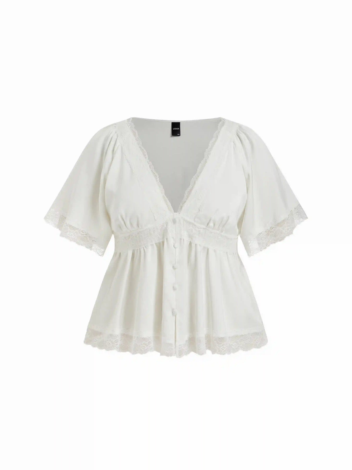 Satin V-Neck Lace Panel Ruffle Sleeve Blouse Curve & Plus