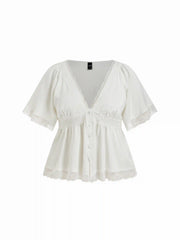 Satin V-Neck Lace Panel Ruffle Sleeve Blouse Curve & Plus