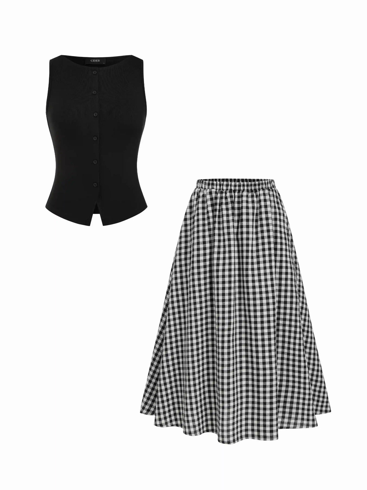 Cotton Button Top & Gingham A-line Maxi Skirt Set