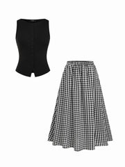 Cotton Button Top & Gingham A-line Maxi Skirt Set