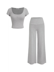 Built-in Bra Scoop Neckline Top & Mid Rise Straight Leg Trousers Loungewear Set