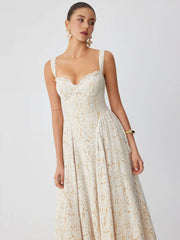 Cotton-blend Textured Lace Sweetheart Neck Flared Midi Dress