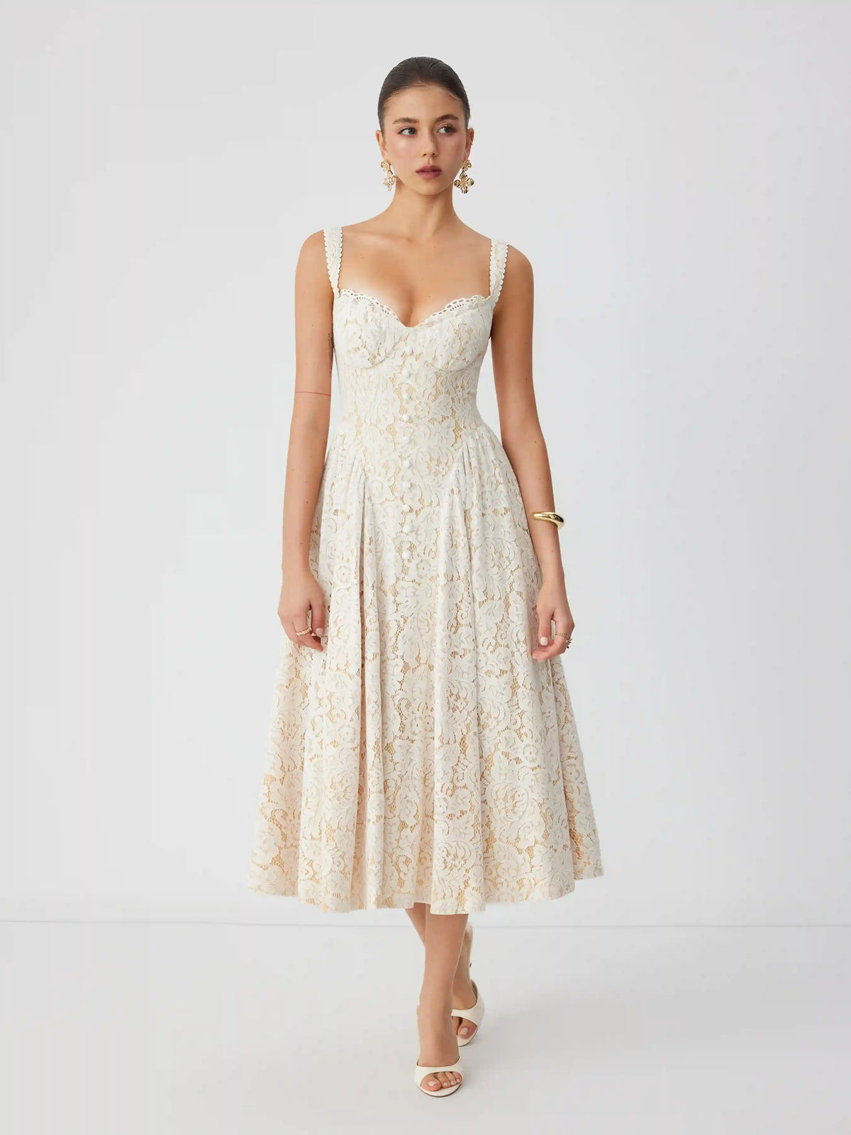 Cotton-blend Textured Lace Sweetheart Neck Flared Midi Dress