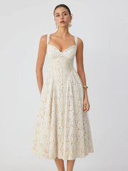 Cotton-blend Textured Lace Sweetheart Neck Flared Midi Dress