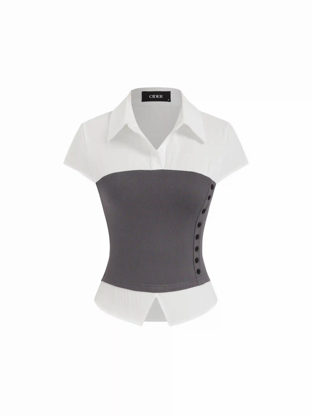 Two-Tone Mock Bustier Collared Short Sleeve Shirt