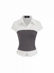 Two-Tone Mock Bustier Collared Short Sleeve Shirt