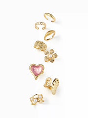 8PCS FLOWER & HEART & TEXTURED RING SET