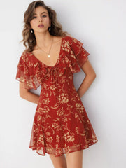 Chiffon V-Neck Dolman Sleeve Floral ALINE Short Dress