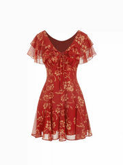Chiffon V-Neck Dolman Sleeve Floral ALINE Short Dress