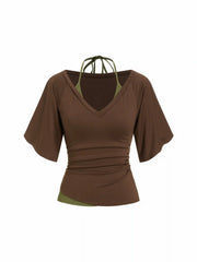 Halter Neck Top & V-neck Ruched Bell Sleeve Tee