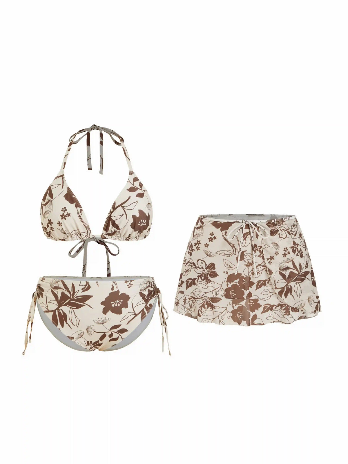 Halter Neckline Floral Triangle Bikini Set With Sarong Curve & Plus