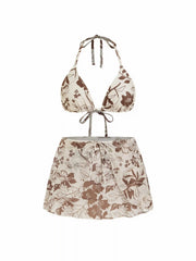 Halter Neckline Floral Triangle Bikini Set With Sarong Curve & Plus