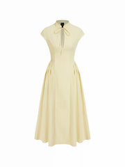 Stand Collar Tie-Neck Short Sleeve Draped Pocket Flared Maxi Dress