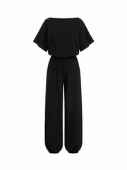 Cotton-blend Boat Neck Short Sleeve Mid Rise Jogger Jumpsuit