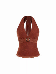 Floral Jacquard Lace Halter Neckline Ring Detail Tank Top