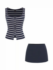 Cotton-blend Stripe Scoop Neck Tank Top & Low Rise Mini Skirt Set