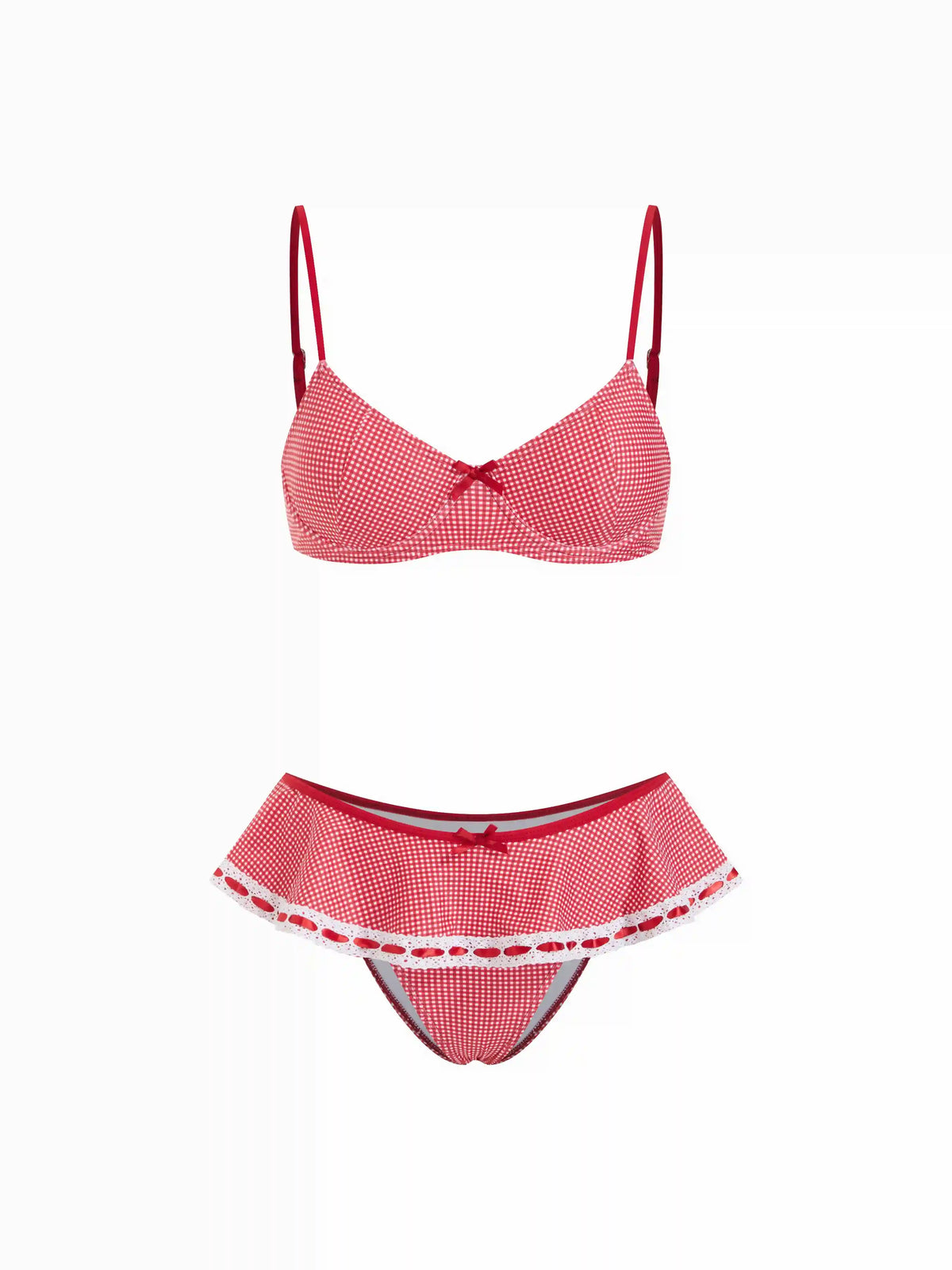 Sweetheart Gingham Bowknot Lace Panel Ruffled Underwire Bikini Set