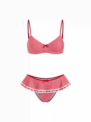 Sweetheart Gingham Bowknot Lace Panel Ruffled Underwire Bikini Set