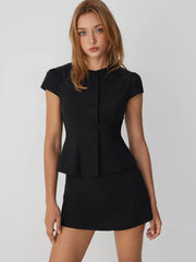 Puff Sleeve Button Front Peplum Top & Mid Rise Straight Shorts Set