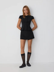 Puff Sleeve Button Front Peplum Top & Mid Rise Straight Shorts Set