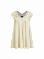 Textured V-neck Puff Sleeve Lace Trim Oversized A-line Mini Dress