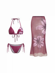 Halter Neckline Floral Triangle Tie Side 3 Piece Bikini Set