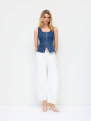 Denim Square Neck Metal Detail Tank Top