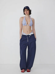 High Stretch Striped Halter Neck Ruched Ring Detail Bikini Set