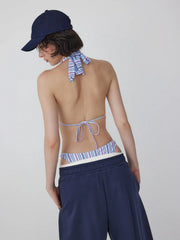 High Stretch Striped Halter Neck Ruched Ring Detail Bikini Set