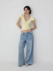 V-neck Ruffle Sleeve Lace Trim Drawstring Ruched Top