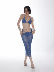 Halter Neckline Glitter Triangle Top & Ruched Tie Side Bottoms With Sheer Skirt 3 Piece Bikini Set