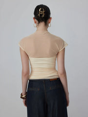 Mesh High Neck Sleeveless Draped Ruched Top