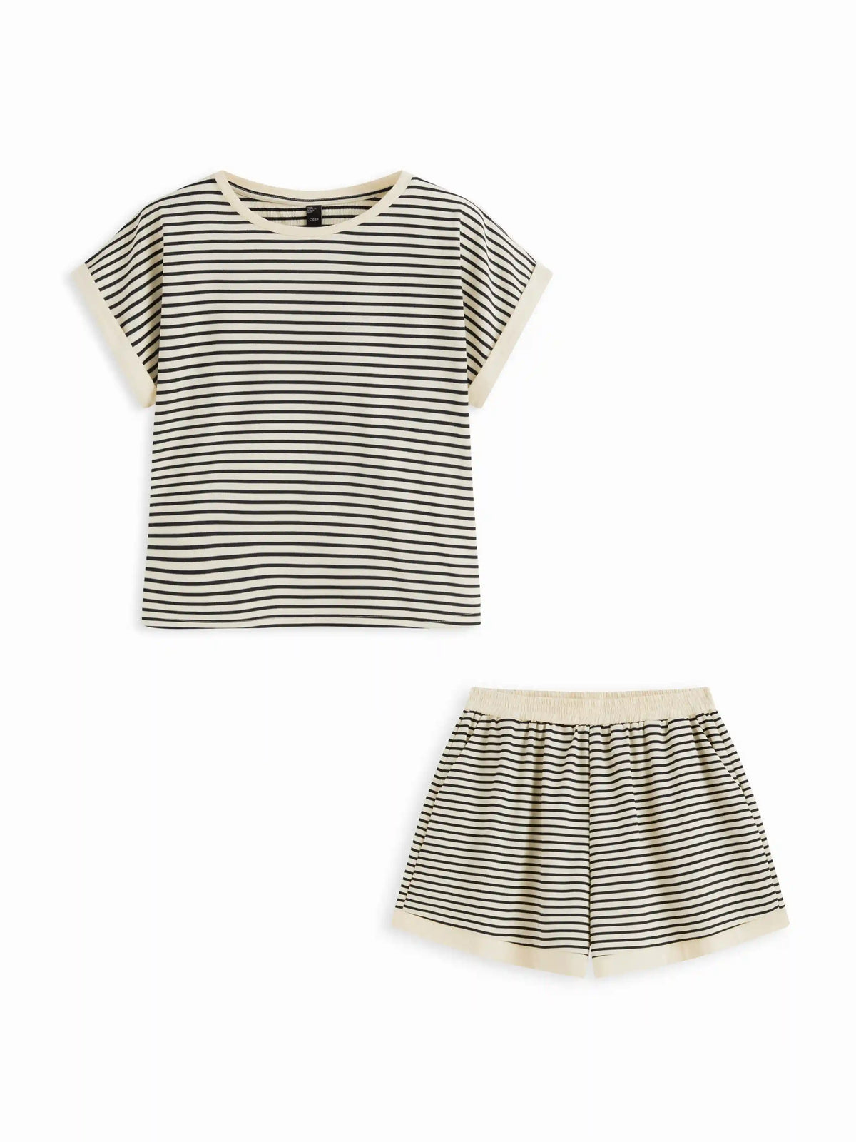 Cotton-blend Stripe Contrasting Binding Tee & Elastic Waist Shorts Set Curve & Plus