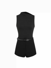 High Neck Sleeveless Belted Romper
