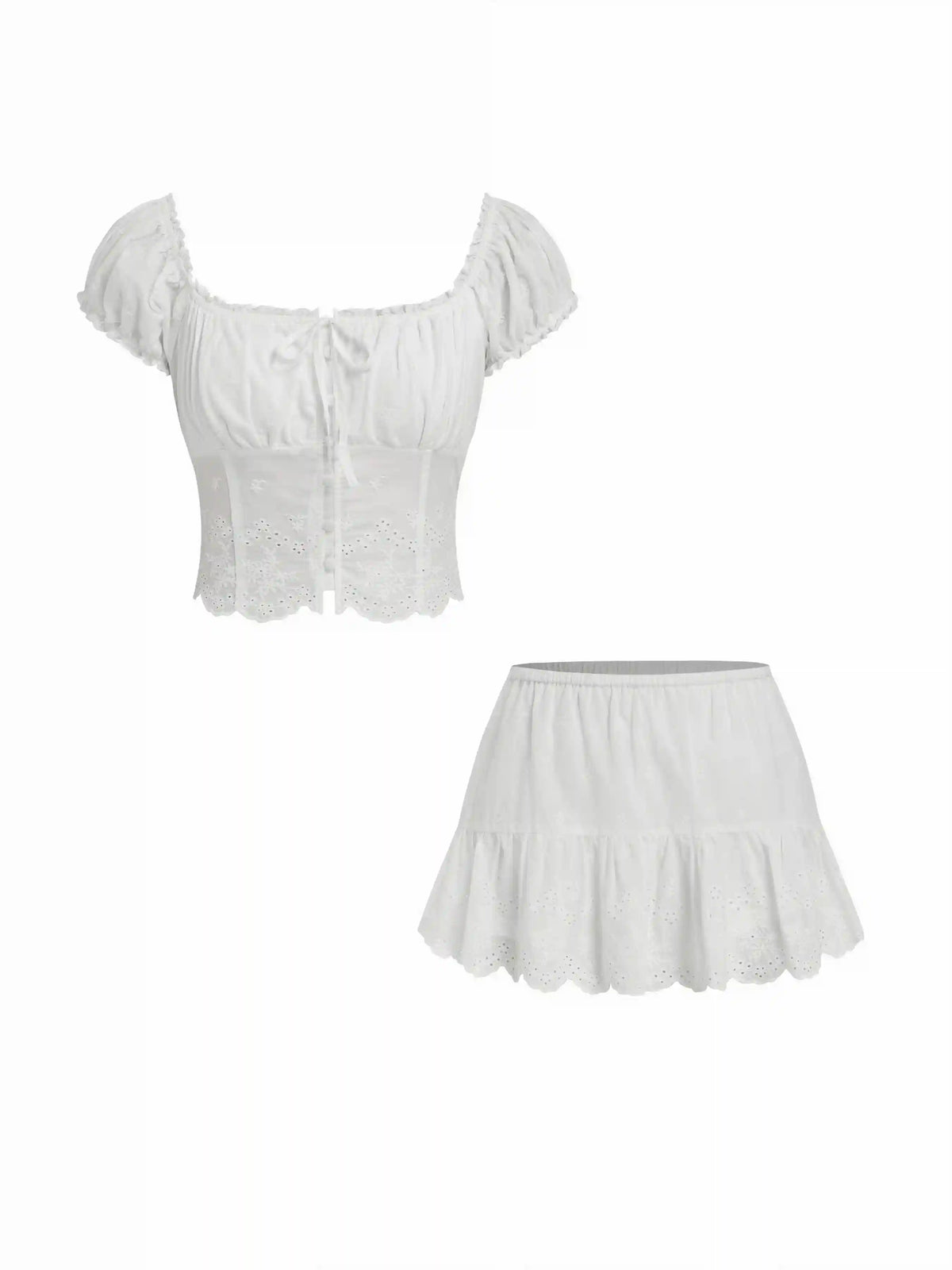 Cotton-blend Broderie Anglaise Off-shoulder Top & Mid Rise Mini Skirt Set