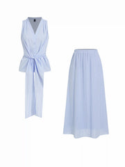 Textured Cotton-blend V-neck Tie Front Top & Mid Rise Maxi Skirt Set
