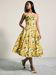 Cotton Lemon Lace Up Pleated Cami Midi Dress