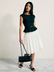 Boat Neck Belted Ruffle Hem Metal Detail Peplum Top