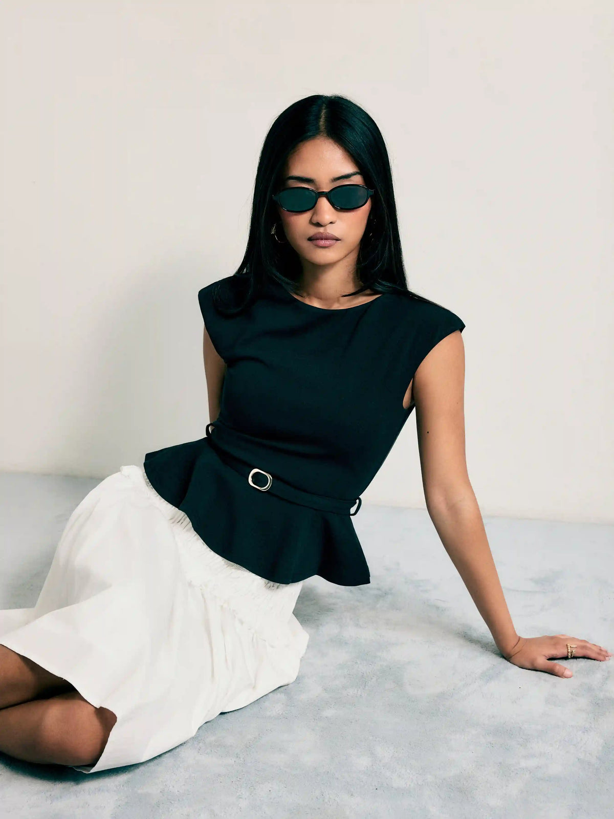 Boat Neck Belted Ruffle Hem Metal Detail Peplum Top