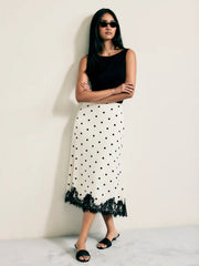 Satin Mid Rise Polka Dot Lace Trim A-line Midi Skirt