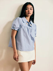 Cotton-blend Plaid Puff Sleeve Oversized Blouse