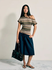 Striped Asymmetrical Neck Short Sleeve Top